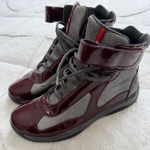 Prada America's Cup High Top Sneakers Burgundy Maroon Patent Shoes 8.5/9.5